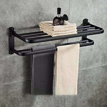 Load image into Gallery viewer, Black Bathroom  Double Towel Holder Rack &amp; Shelf with Hooks

