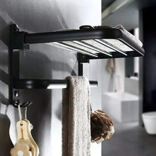 Load image into Gallery viewer, Black Bathroom  Double Towel Holder Rack &amp; Shelf with Hooks
