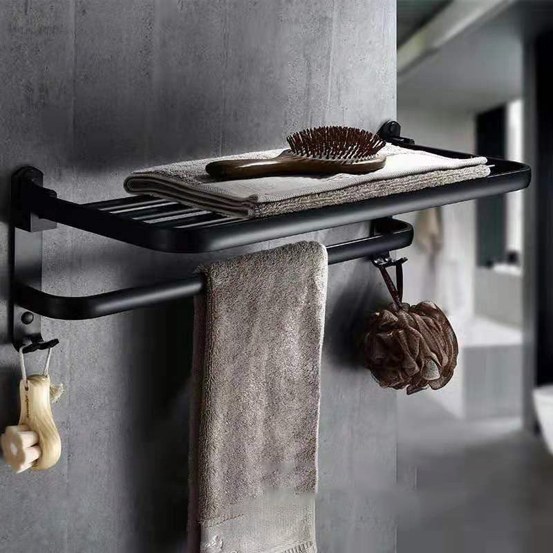 Black Bathroom  Double Towel Holder Rack & Shelf with Hooks