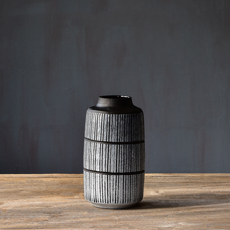Retro Classic Black & White Striped Textured Vase