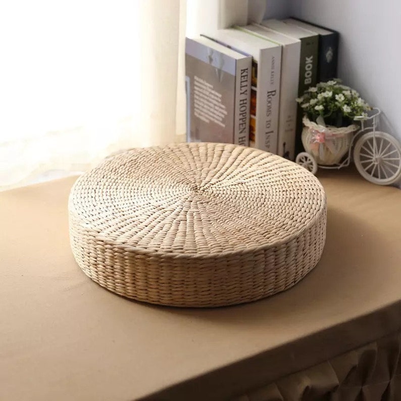 Hand-Woven Natural Wicker Circular Floor Cushion