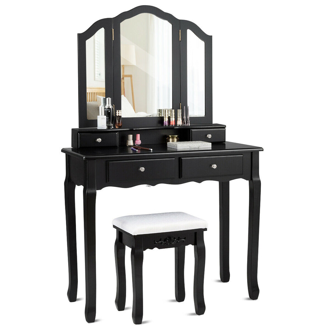 Makeup Vanity Dressing Table Set with Stool and 3 Mirrors (Black)