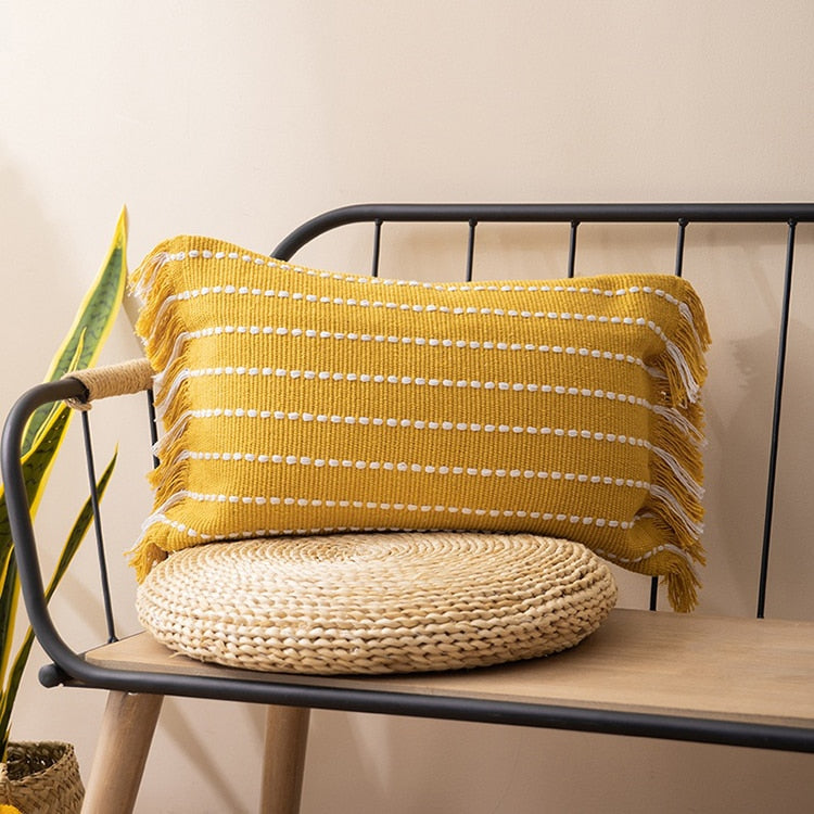 Yellow Boho Stripe Tassel Pillow Cushion Cover