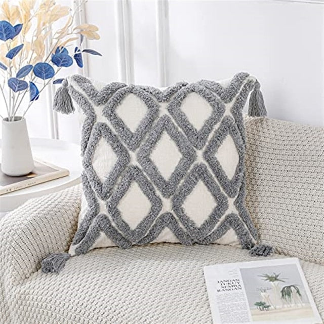 JASEN Blue and Beige Boho Decorative Throw Pillow Cover, Woven Tufted  Pillow Cover with Tassels Diamond Pattern Pillow Covers for Couch Sofa  Bedroom