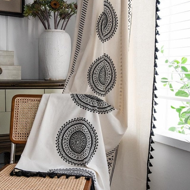 Boho Semi Blackout Linen Curtains with Black Geometric Pattern